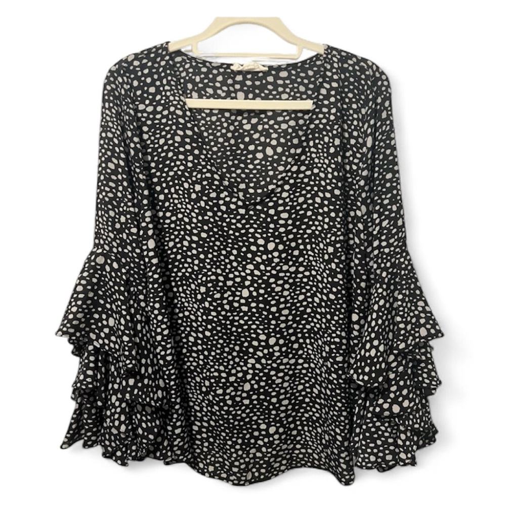 Ee:some Black and White Polka Dot Women's Bell Sleeve Ruffle Top Size Medium